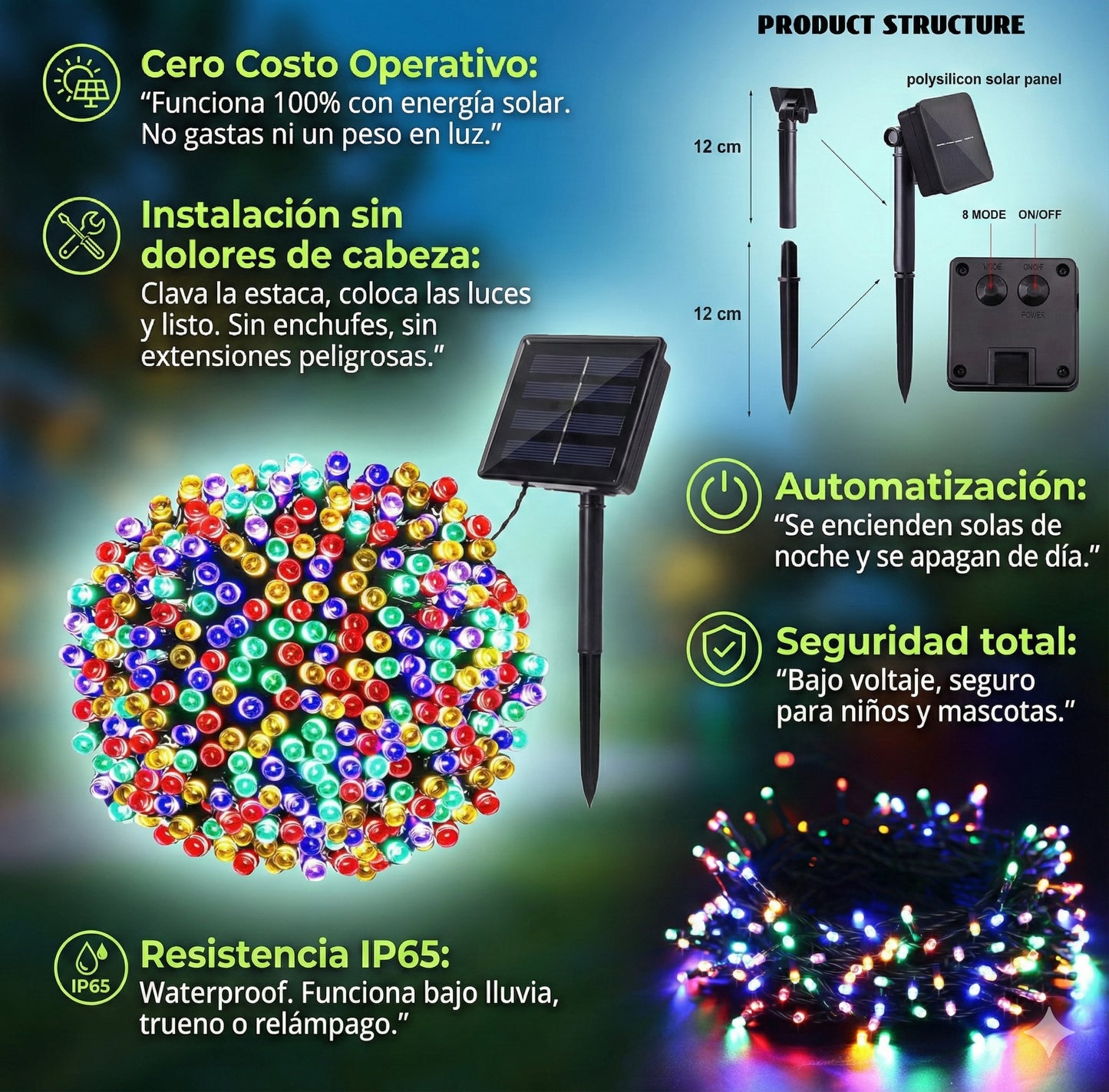 Luces De Navidad Led Solares 20m